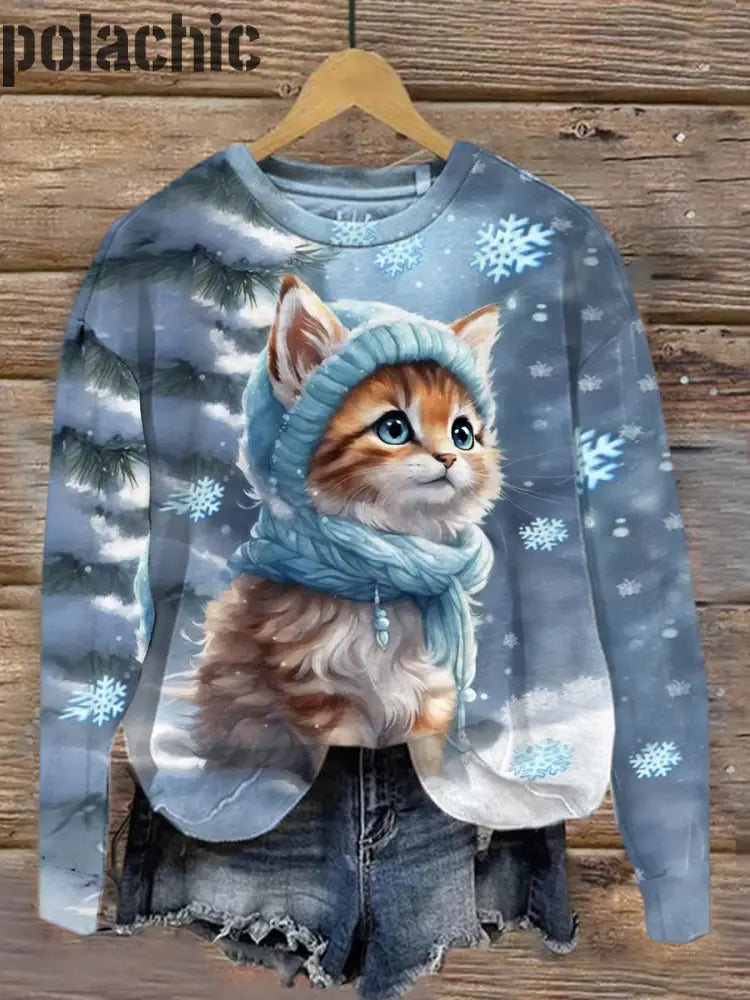 Rétro Cat Art Print À La Mode Col Rond Pull Haut Manches Longues