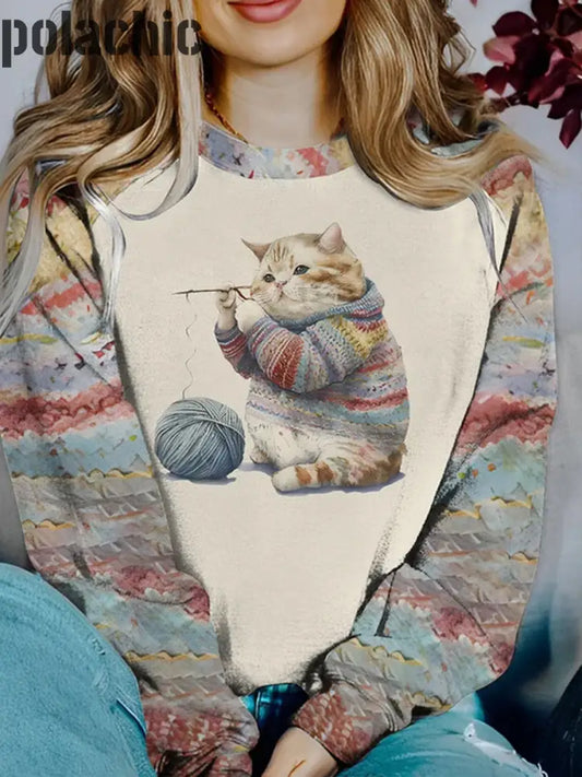 Rétro Cat Art Print À La Mode Col Rond Pull Haut Manches Longues