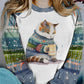 Rétro Cat Art Print À La Mode Col Rond Pull Haut Manches Longues