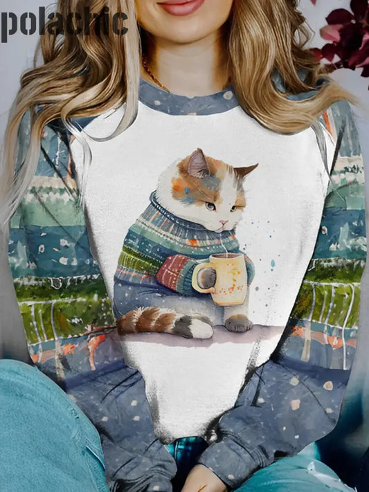 Rétro Cat Art Print À La Mode Col Rond Pull Haut Manches Longues