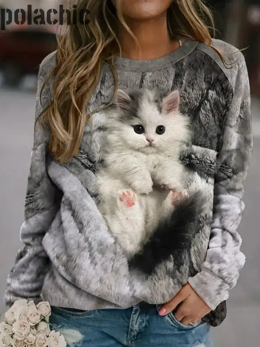 Rétro Cat Art Print À La Mode Col Rond Pull Haut Manches Longues