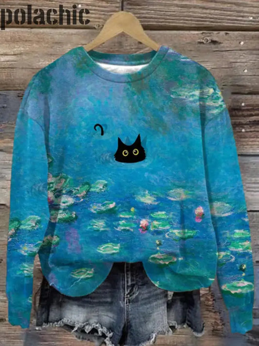 Rétro Cat Art Print À La Mode Col Rond Pull Haut Manches Longues