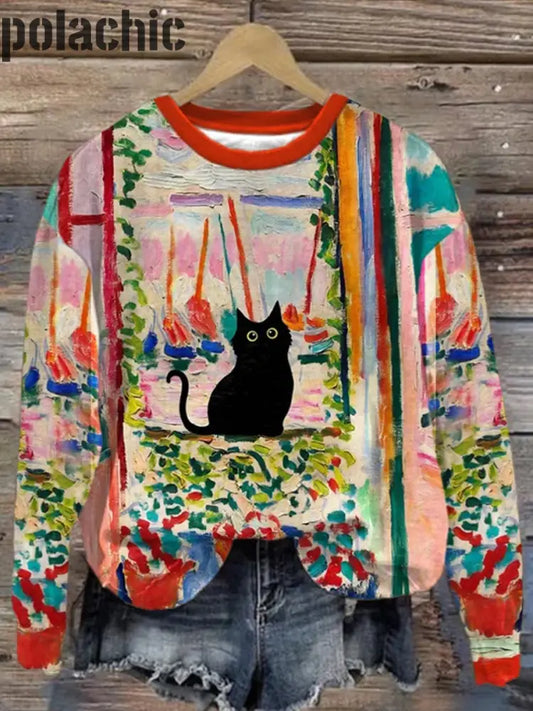 Rétro Cat Art Print À La Mode Col Rond Pull Haut Manches Longues