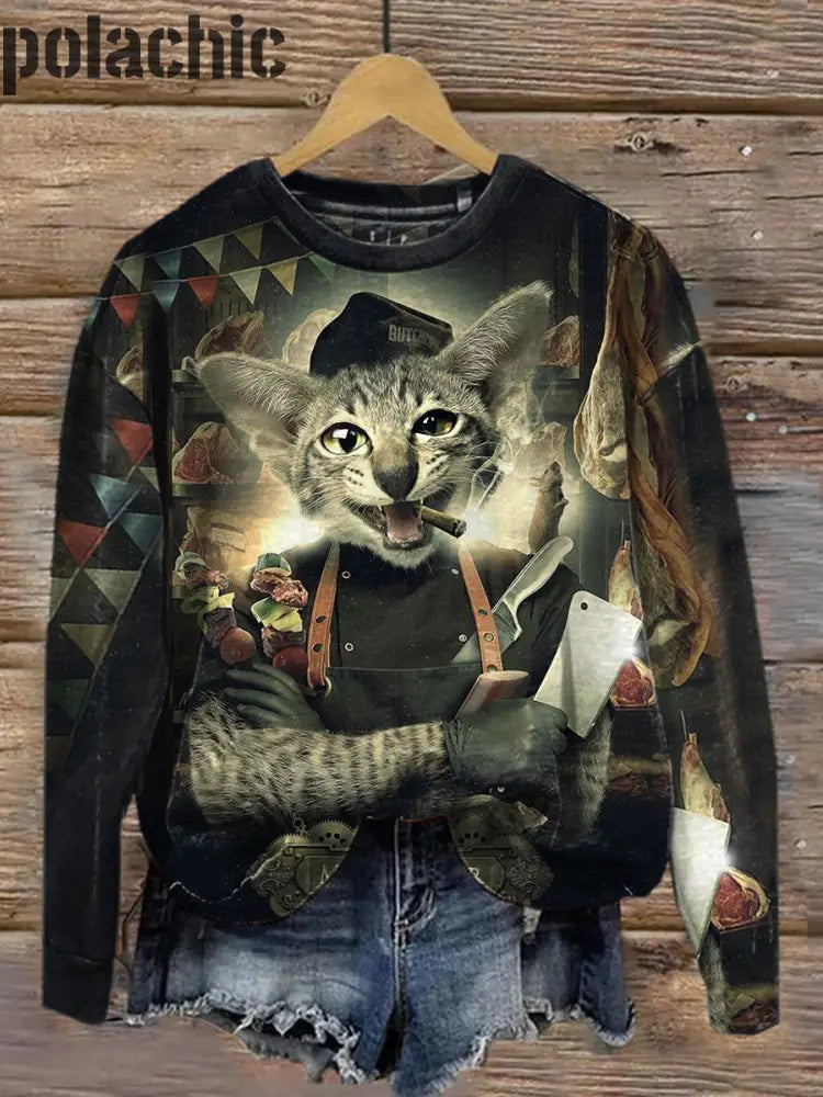 Rétro Cat Art Print À La Mode Col Rond Pull Haut Manches Longues