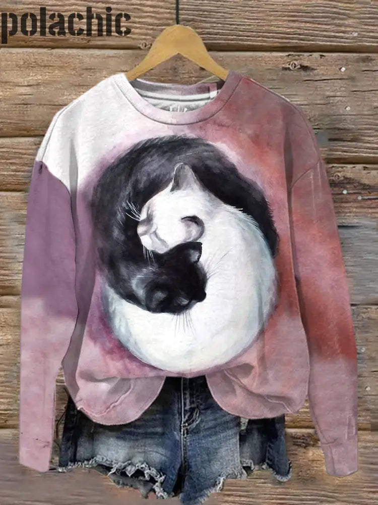 Rétro Cat Art Print À La Mode Col Rond Pull Haut Manches Longues