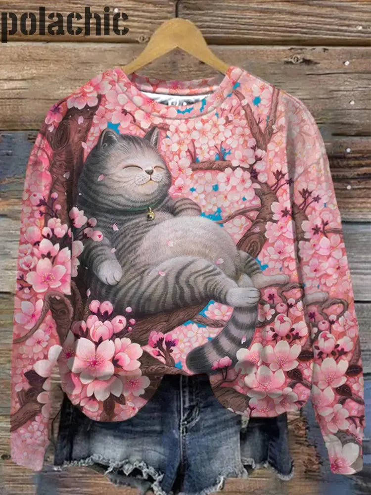 Rétro Cat Art Print À La Mode Col Rond Pull Haut Manches Longues