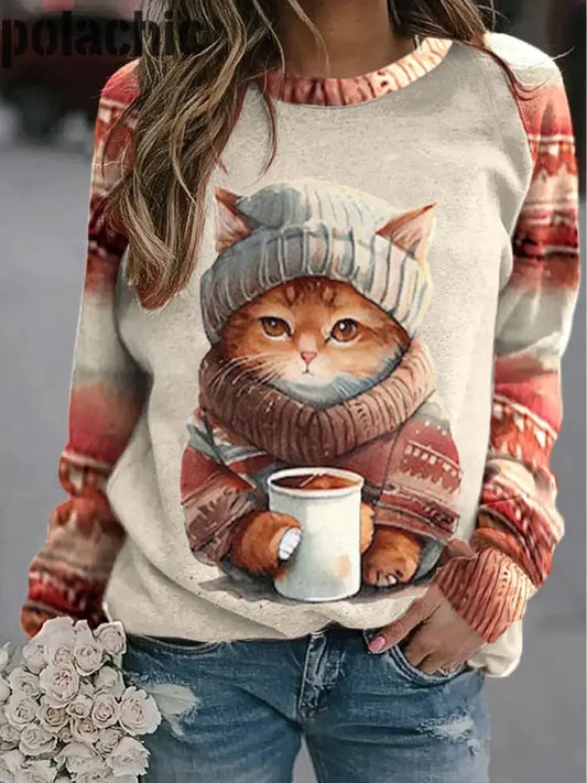 Rétro Cat Art Print À La Mode Col Rond Pull Haut Manches Longues