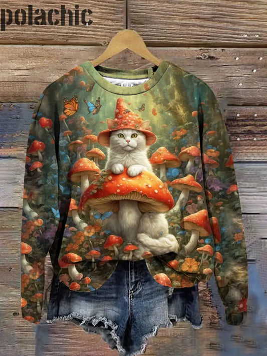 Rétro Cat Art Print À La Mode Col Rond Pull Haut Manches Longues A / S