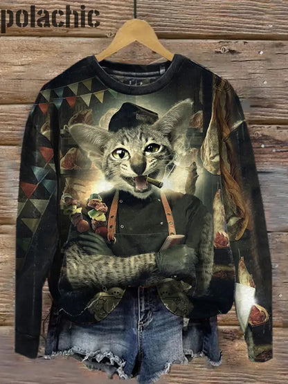 Rétro Cat Art Print À La Mode Col Rond Pull Haut Manches Longues A / S