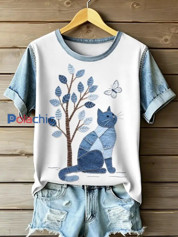 Retro Cat Patchwork Imprimer T-shirt décontracté à manches courtes pour femmes comme image / S