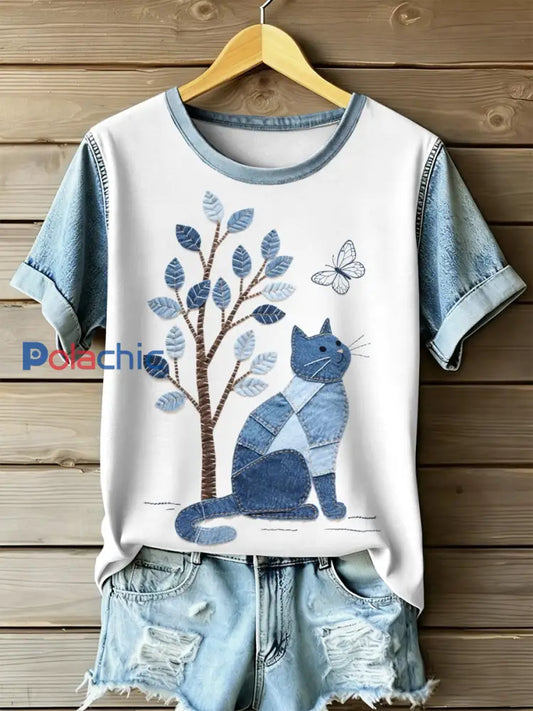 Retro Cat Patchwork Imprimer T-shirt décontracté à manches courtes pour femmes comme image / S