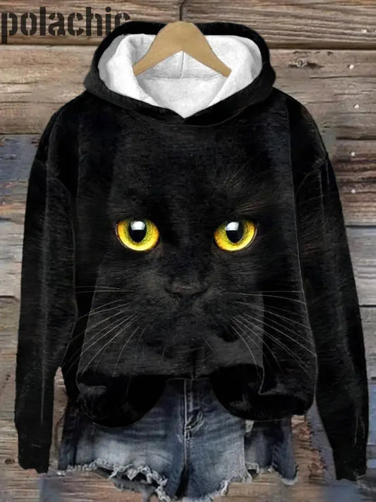 Rétro Chat Noir Imprimer À La Mode Col Rond Pull Haut Manches Longues