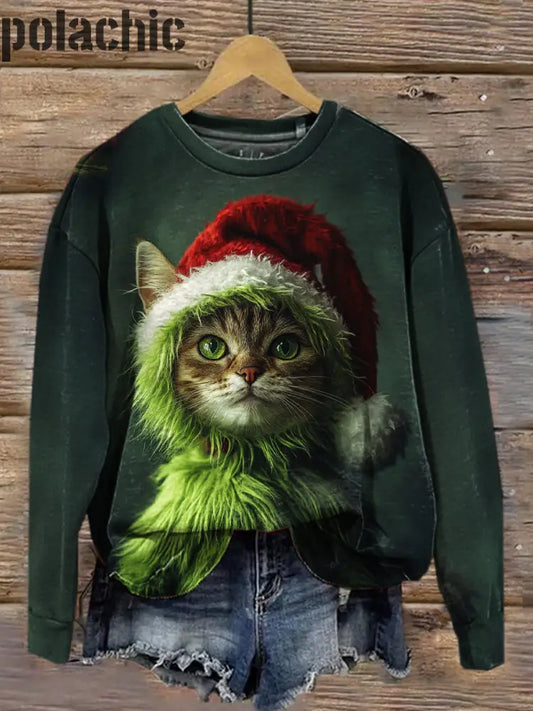 Retro Christmas Cat Art Print Casual Col Rond Manches Longues Sports Top A / S