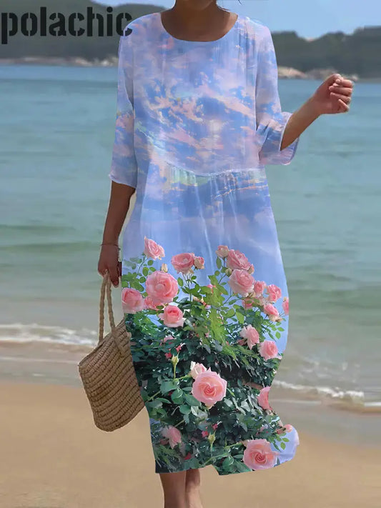 Rétro Col Rond Floral Art Longue Robe Des Femmes