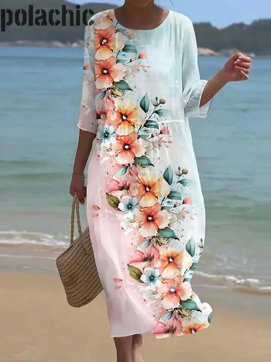 Rétro Col Rond Floral Art Longue Robe Des Femmes