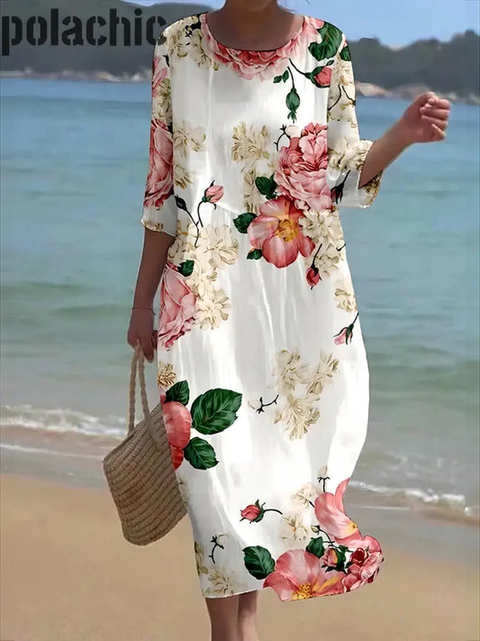 Rétro Col Rond Floral Art Longue Robe Des Femmes