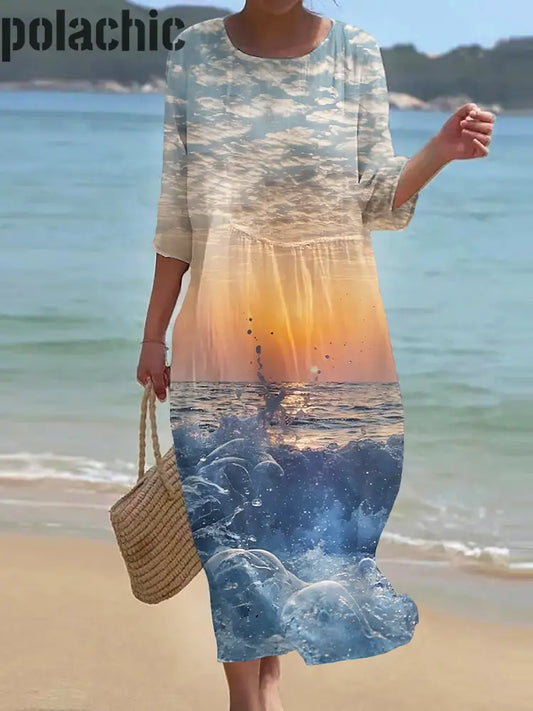 Rétro Col Rond Wave Art Robe Longue Des Femmes