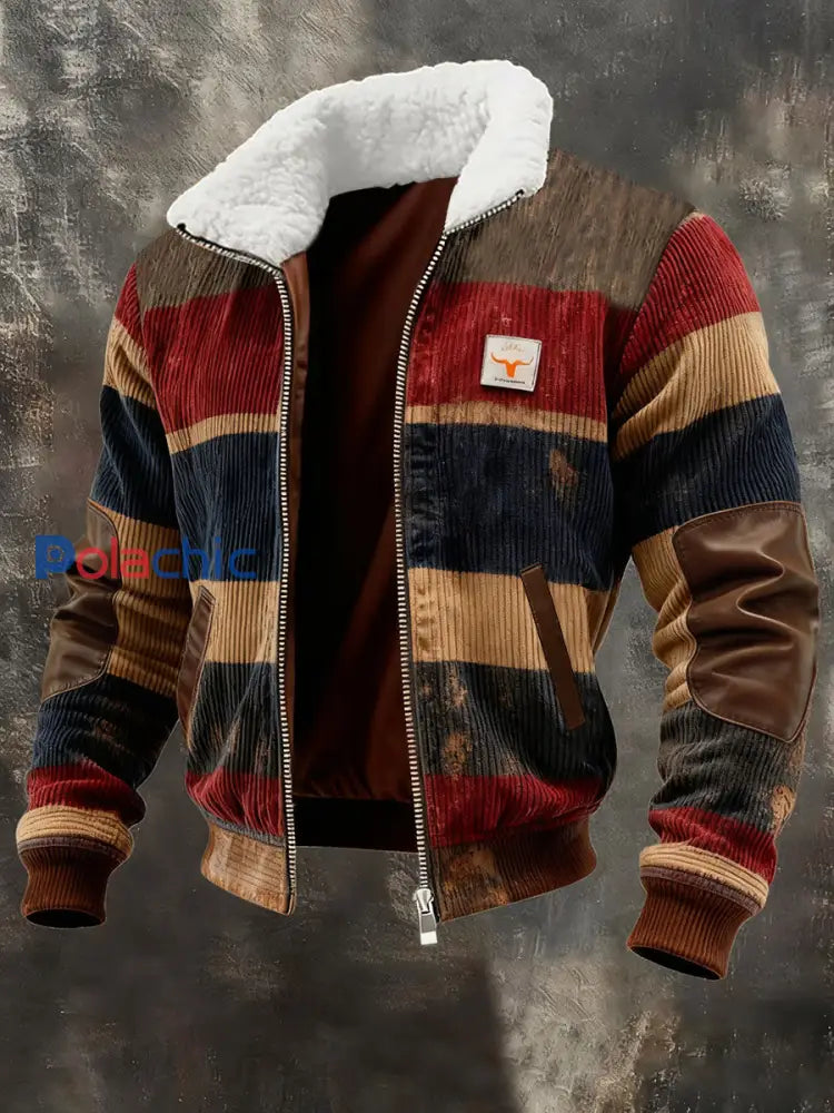 Retro Color Block Print Casual col en fourrure pour hommes Sweat-shirt zippé comme image / S
