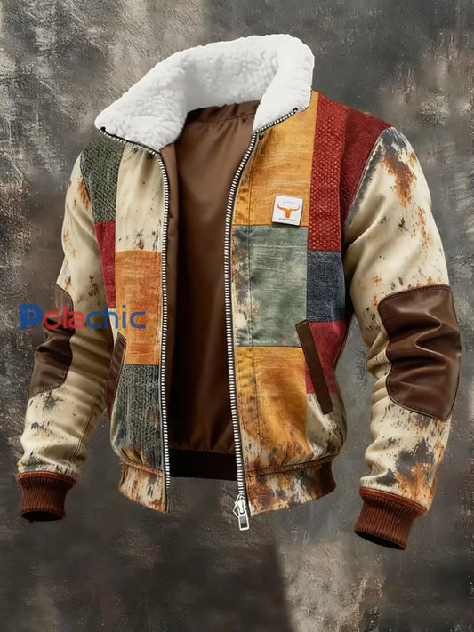 Retro Color Block Print Casual col en fourrure pour hommes Sweat-shirt zippé comme image / S