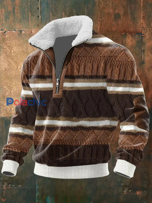 Retro Color Block Print Casual col en fourrure Sweat à capuche zippé pour hommes comme image / S