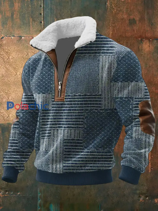 Retro Color Block Print Casual col en fourrure Sweat à capuche zippé pour hommes comme image / S