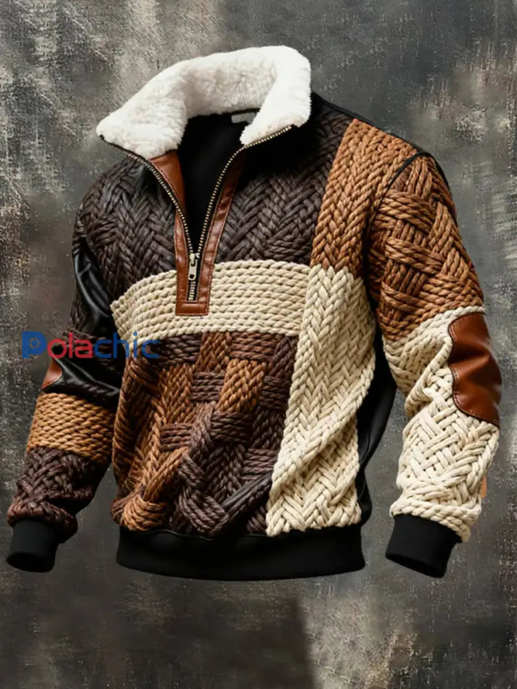 Retro Color Block Print Casual col en fourrure Sweat à capuche zippé pour hommes comme image / S