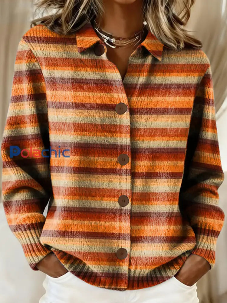Retro Color Block Stripes Imprimer Cardigan décontracté pour femmes comme image / S