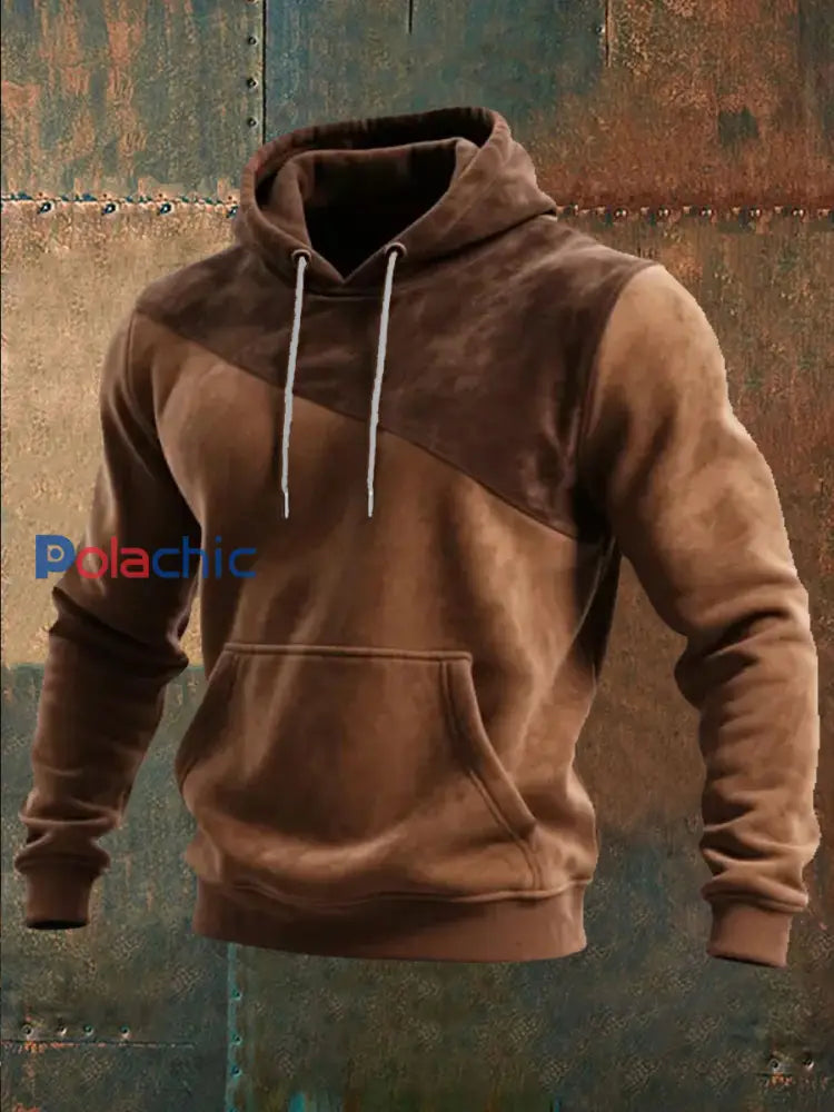 Rétro Colorblock Imprimer Casual Poecket Hoodie des hommes Marron / S