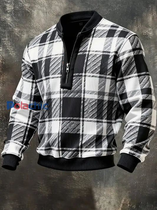 Retro Colorblock Plaid Print Casual Half-Zip Pull Homme Gris Foncé / S