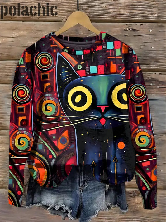 Rétro Coloré Chat Art Imprimer À La Mode Col Rond Pull Haut Manches Longues