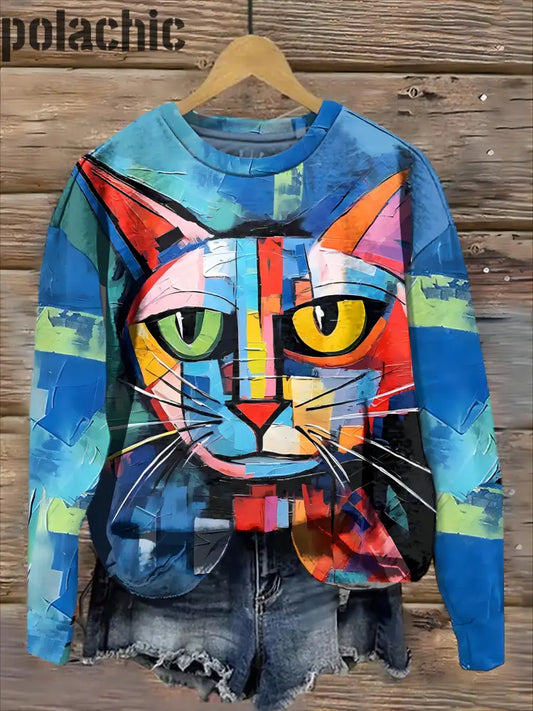 Rétro Coloré Chat Art Imprimer À La Mode Col Rond Pull Haut Manches Longues