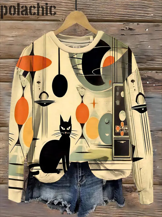 Rétro Coloré Chat Art Imprimer Mode Col Rond Pull Manches Longues Sweat-Shirt Long