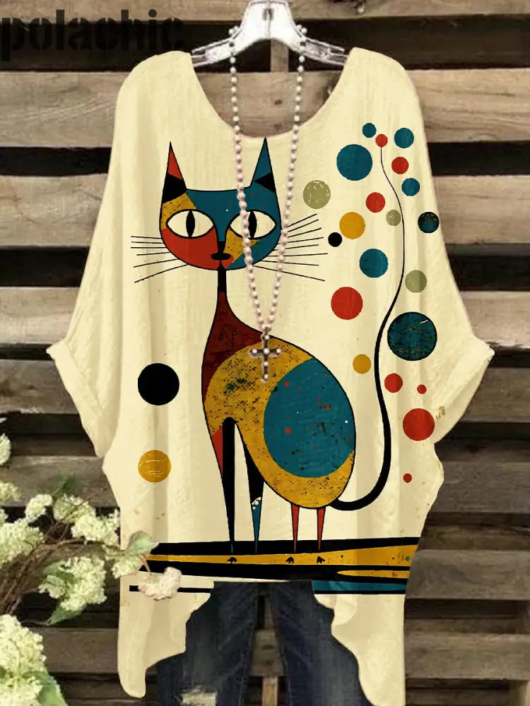 Rétro Couleur Kitten Art À Manches Longues Casual Loose Top