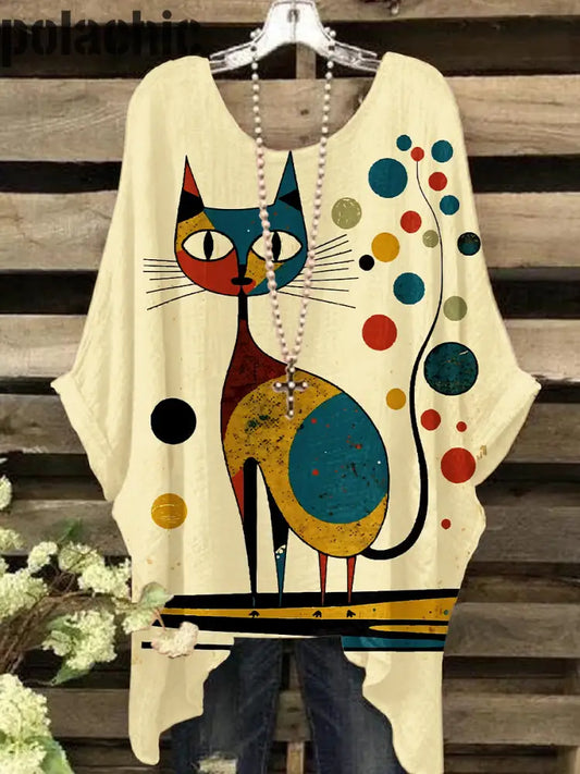 Rétro Couleur Kitten Art À Manches Longues Casual Loose Top