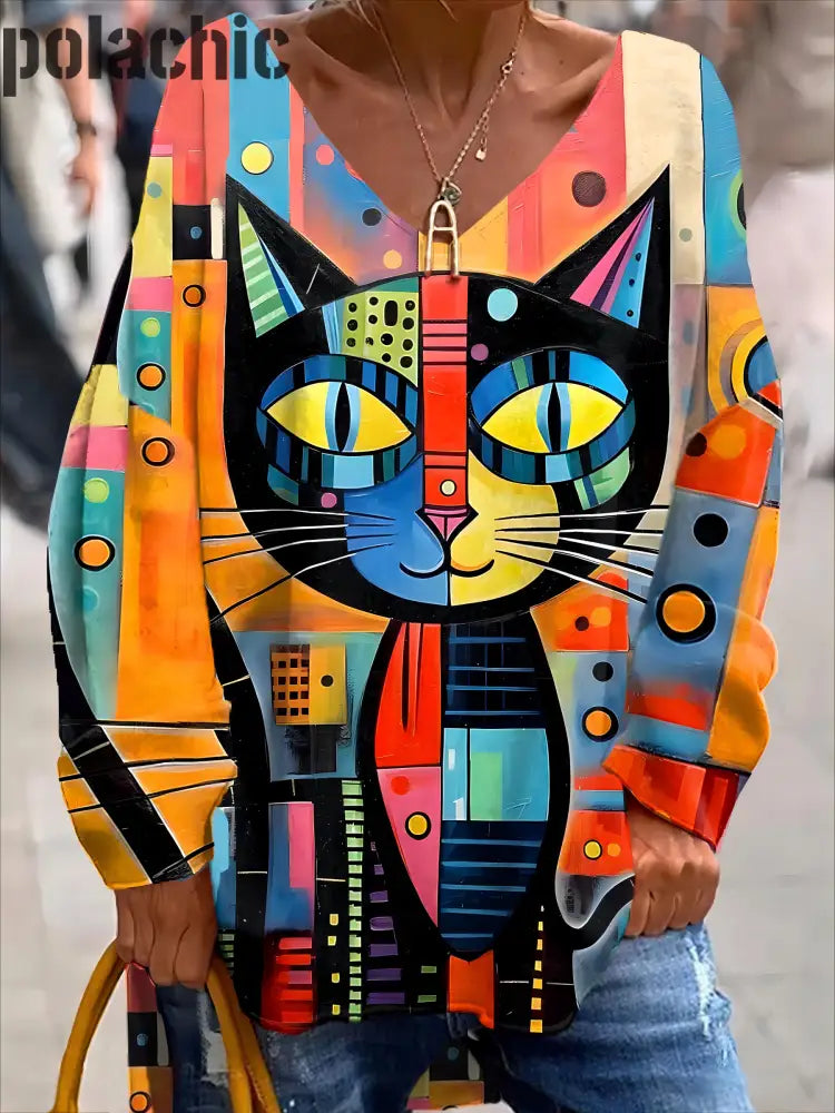 Retro Couleur Kitten Art V-Neck Pull Haut À Manches Longues