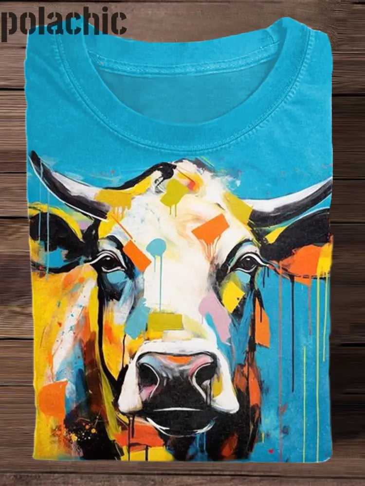 Rétro Couleur Tête De Vache Art Imprimer Mode Col Rond T-Shirt