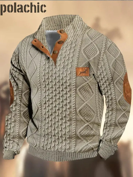 Rétro Cowboy Texture Motif Imprimé Western Vintage Zipper V-Cou En Plein Air Épais Sweatshirt A / S