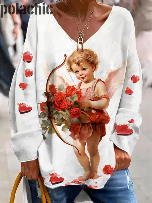 Rétro Cupidon Saint Valentin Art Print À La Mode Col En V Pull Haut Manches Longues