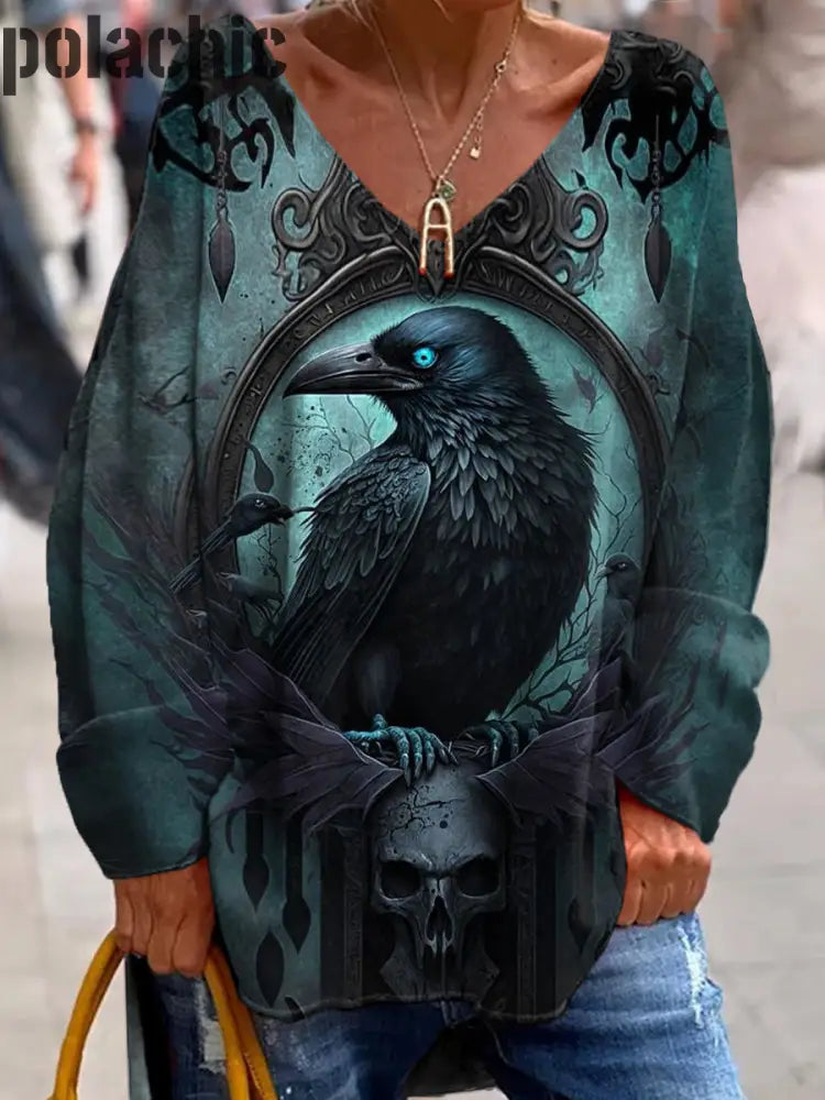 Rétro Dark Crow Imprimer À La Mode V-Neck Pull Haut Manches Longues