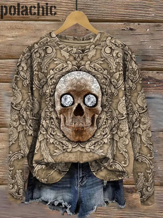 Retro Dark Skull Print À La Mode Col Rond Pull Haut Manches Longues