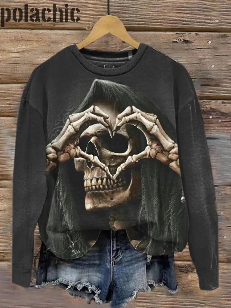 Retro Dark Skull Print À La Mode Col Rond Pull Haut Manches Longues