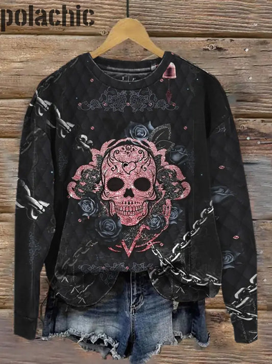 Retro Dark Skull Print À La Mode Col Rond Pull Haut Manches Longues