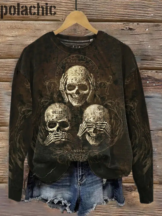 Retro Dark Skull Print À La Mode Col Rond Pull Haut Manches Longues