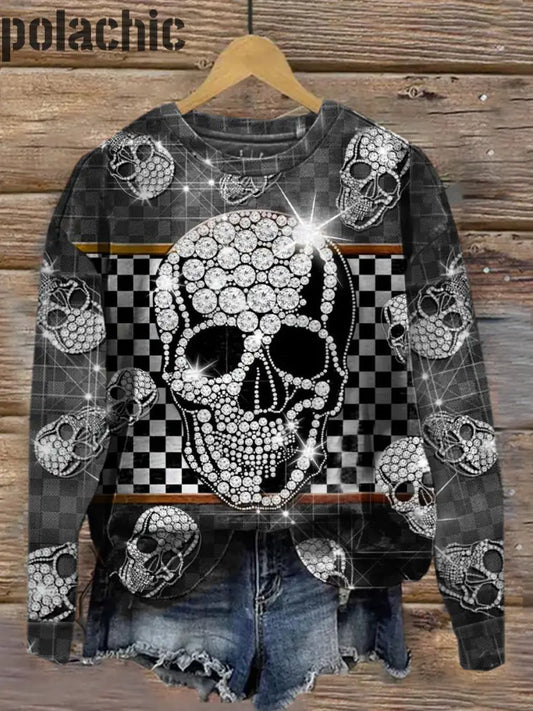 Retro Dark Skull Print À La Mode Col Rond Pull Haut Manches Longues