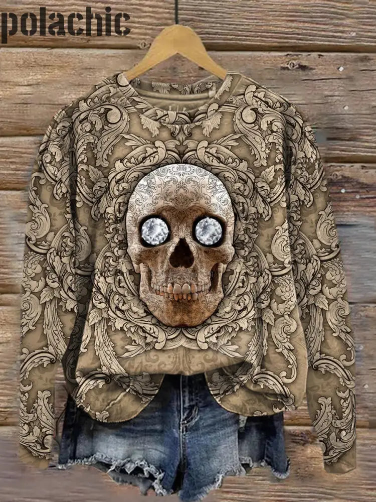 Retro Dark Skull Print À La Mode Col Rond Pull Haut Manches Longues A / S