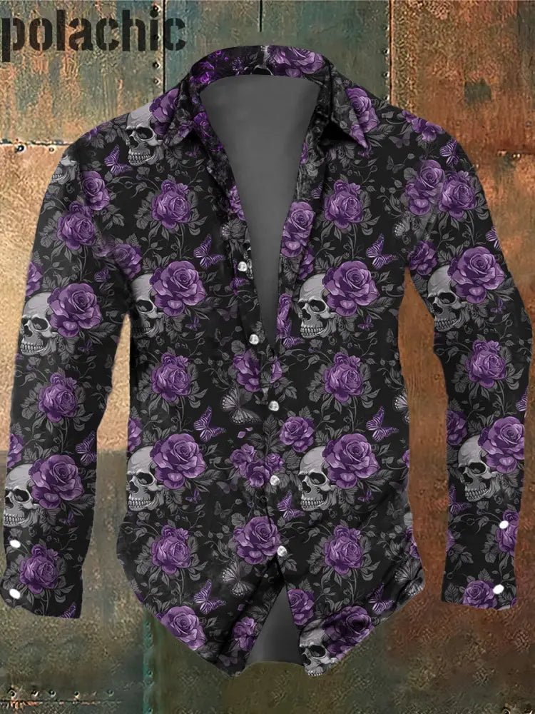 Retro Dark Style Skull Rose Butterfly Chemise À Manches Longues Pour Hommes Noir / S