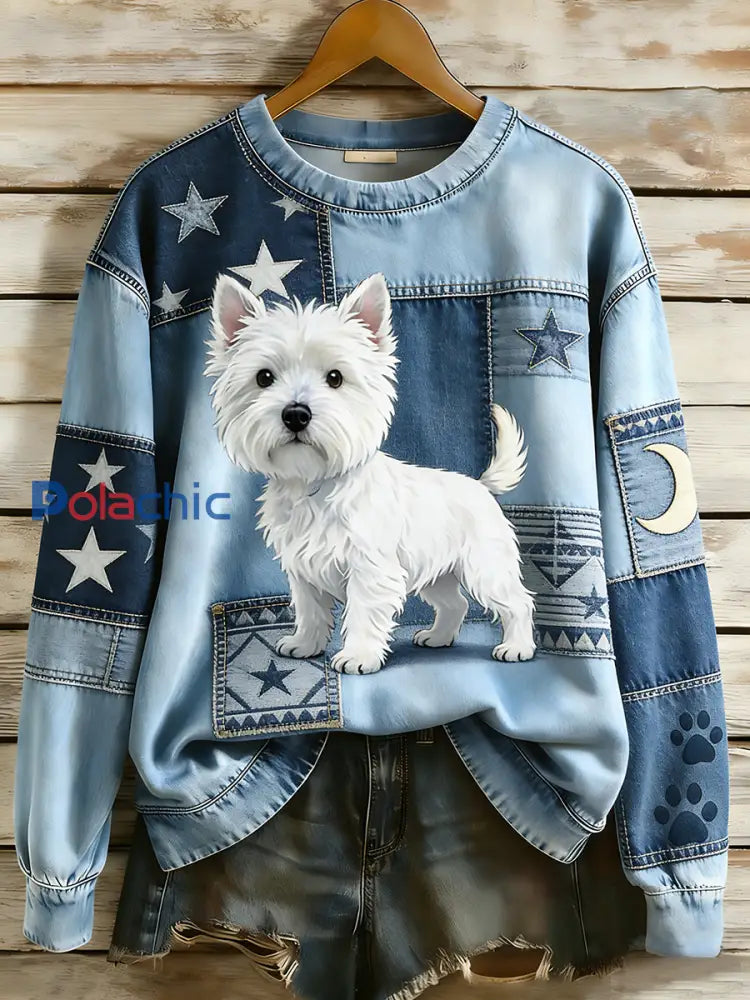 Rétro Denim Patchwork Animal Art Print Casual Comfort Sweat-shirt à manches longues pour femmes A / S