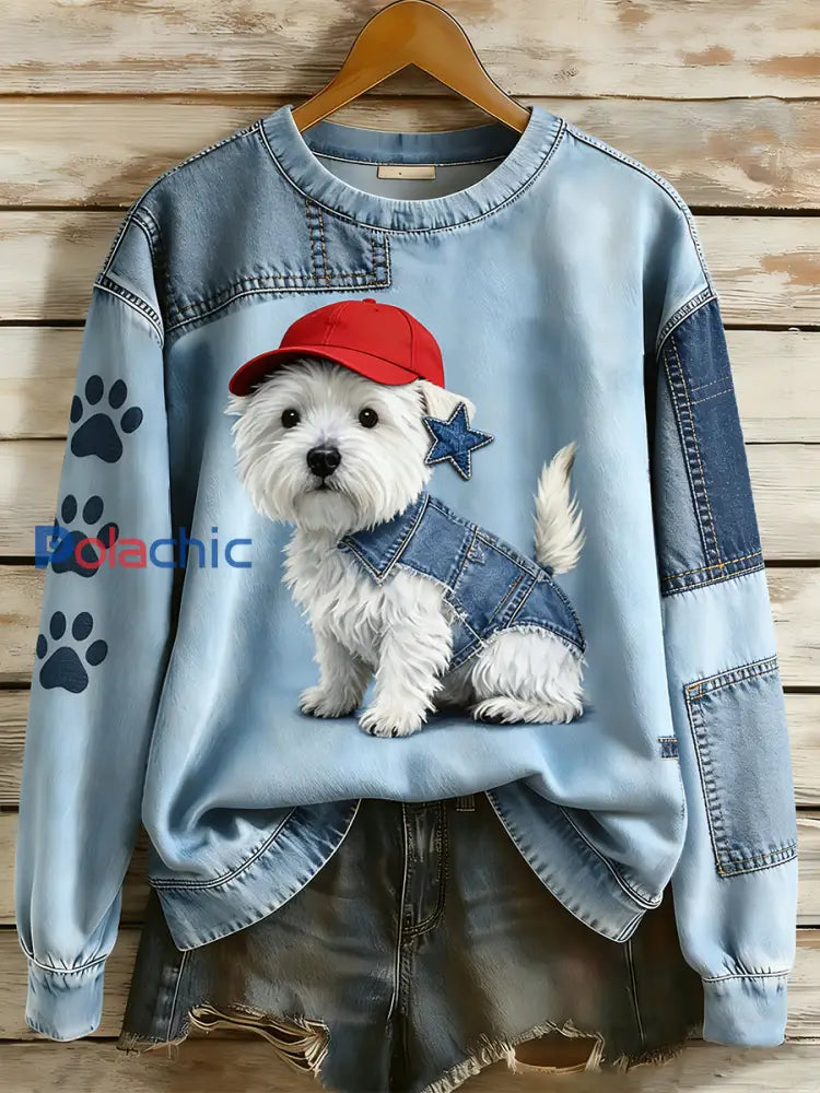 Rétro Denim Patchwork Animal Art Print Casual Comfort Sweat-shirt à manches longues pour femmes A / S