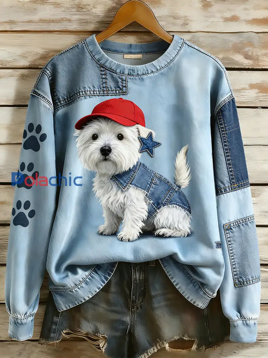 Rétro Denim Patchwork Animal Art Print Casual Comfort Sweat-shirt à manches longues pour femmes A / S