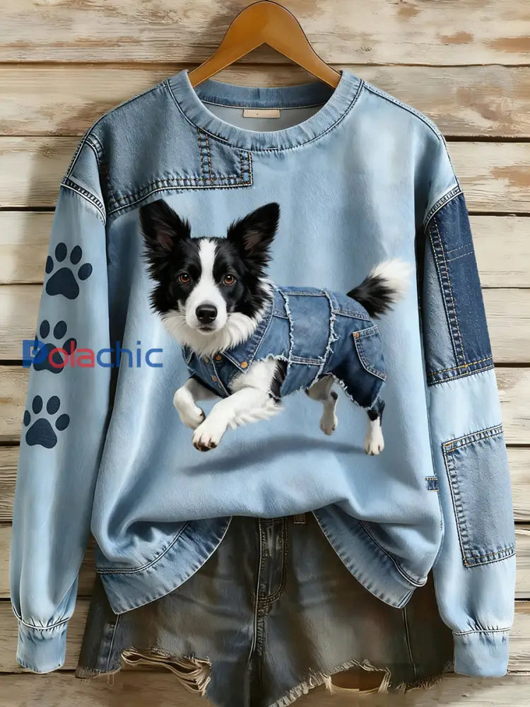 Rétro Denim Patchwork Animal Art Print Casual Comfort Sweat-shirt à manches longues pour femmes A / S